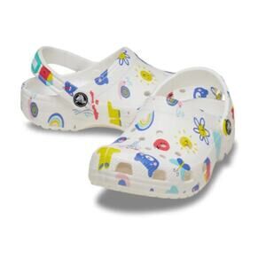 Crocs ﻿Kid's Junior White Multi Classic Doodle Print Clog Shoes Size 3